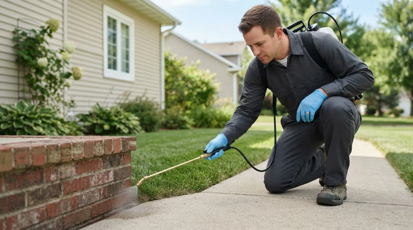 Pest control technician treating a home near Mattapoisett, MA