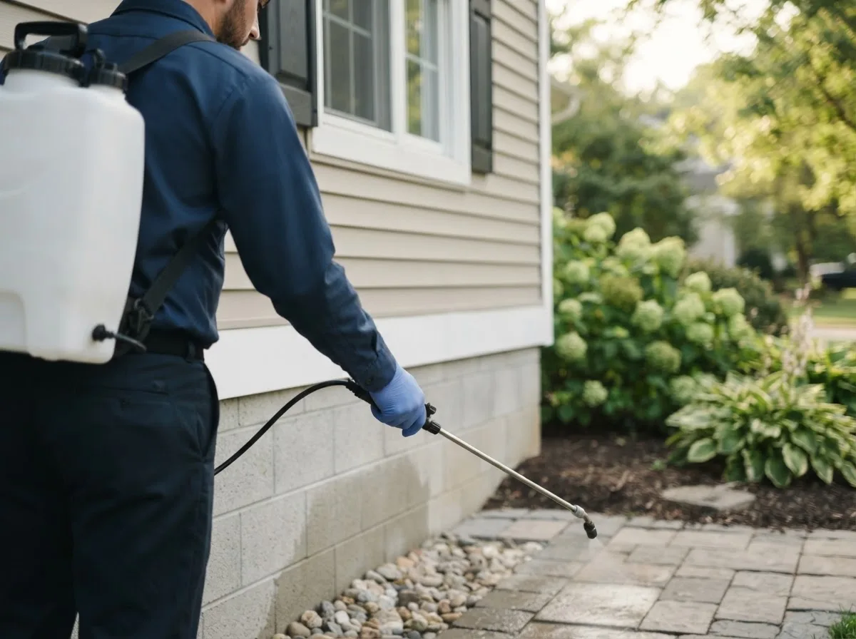 Pest control technician inspecting a home in Mattapoisett, MA